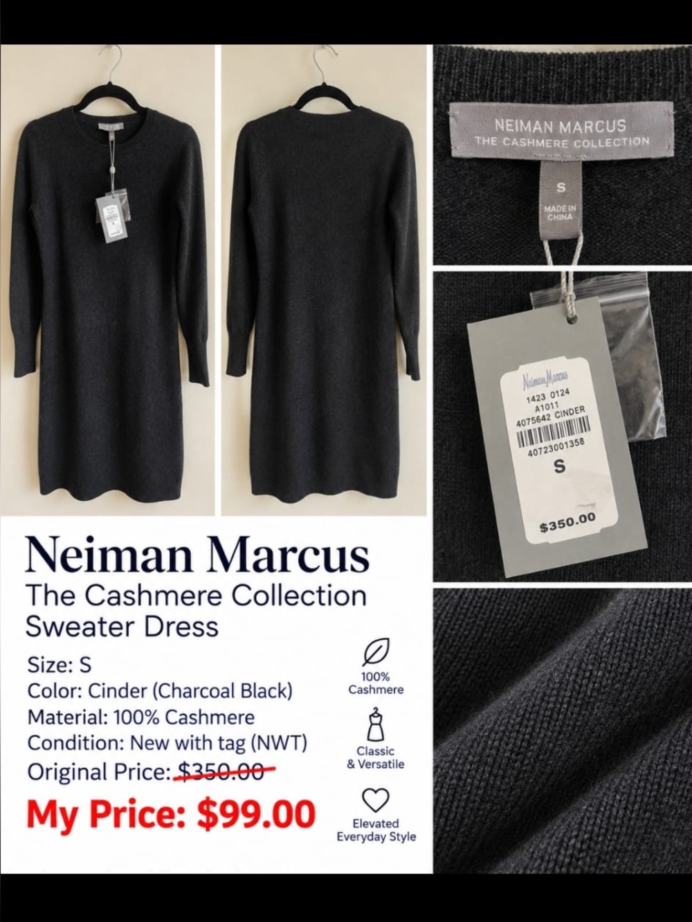 Neiman Marcus Cinder Charcoal Black Cashmere Crewneck Sweater Dress